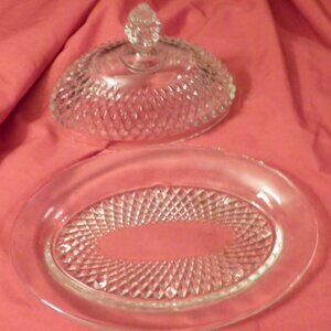 Vintage Indiana Glass Diamond Point Clear Glass Oval Covered Butter Dish